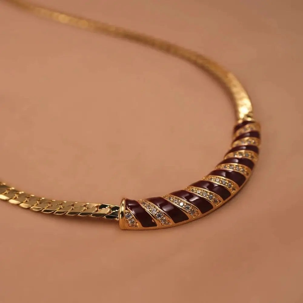Black Gold Zircon Choker Necklace | French Retro Snake Chain Choker Necklace PLUSH