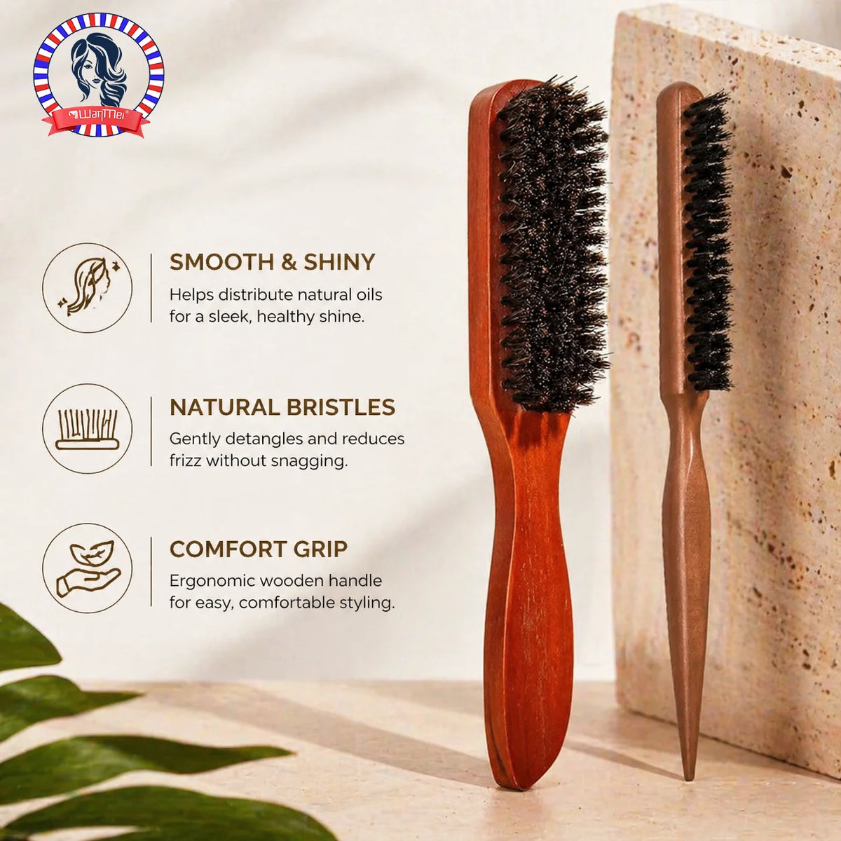 Wooden Handle Bristle Hair Brush Set – All Hair Types Hair Brush Set PLUSH