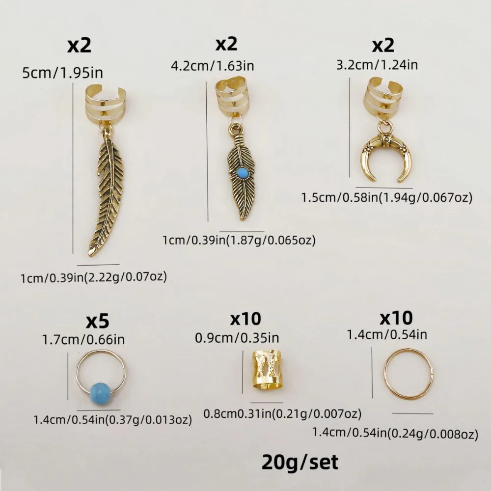 31pcs Retro Gold Leaf Moon Blue Metal Hair Braid Beads Set Hair Braid Beads PLUSH