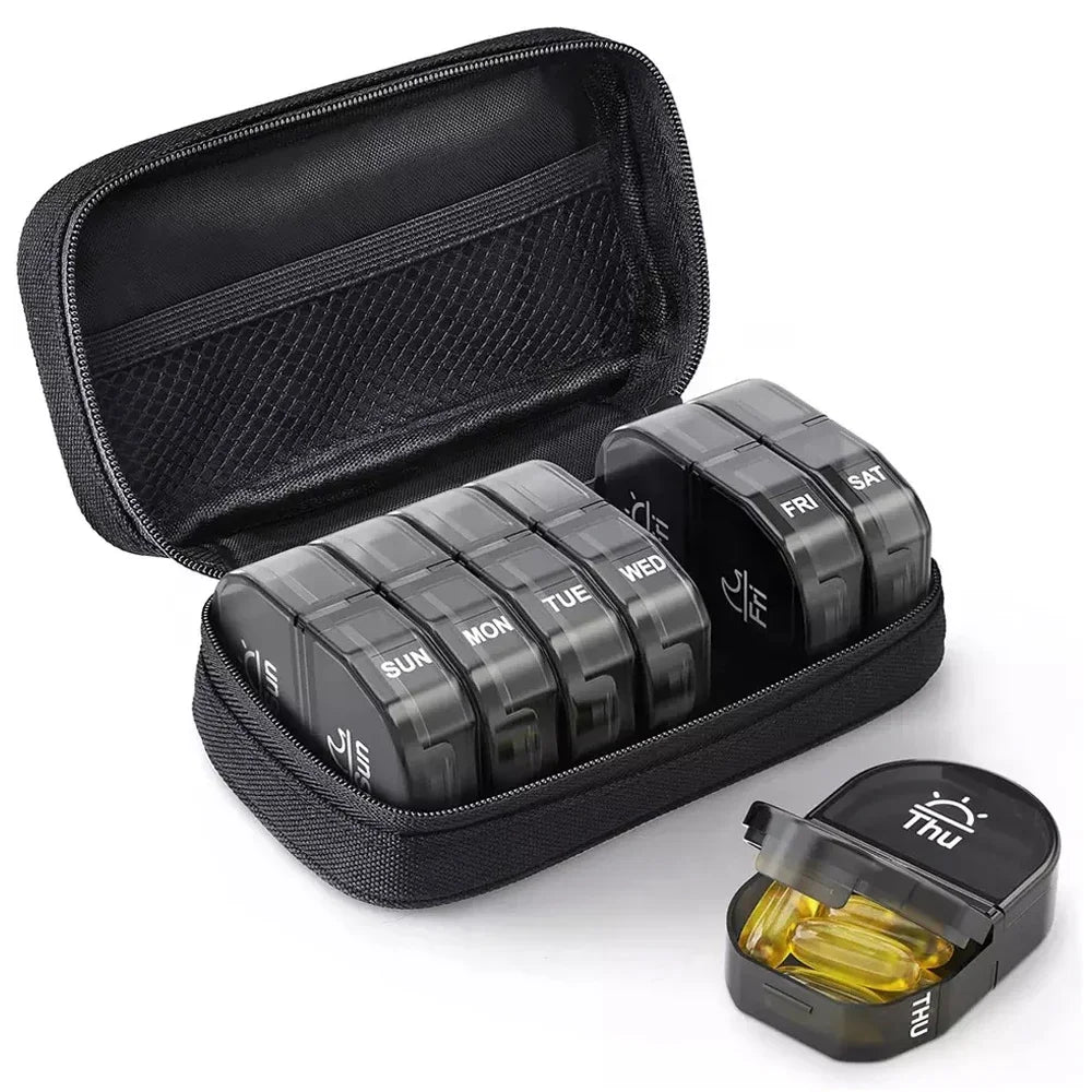 Weekly AM/PM Pill Organizer with Canvas Bag – 7 Day, 14 Slots Weekly Pill Organizer PLUSH New 14 Grid Black
