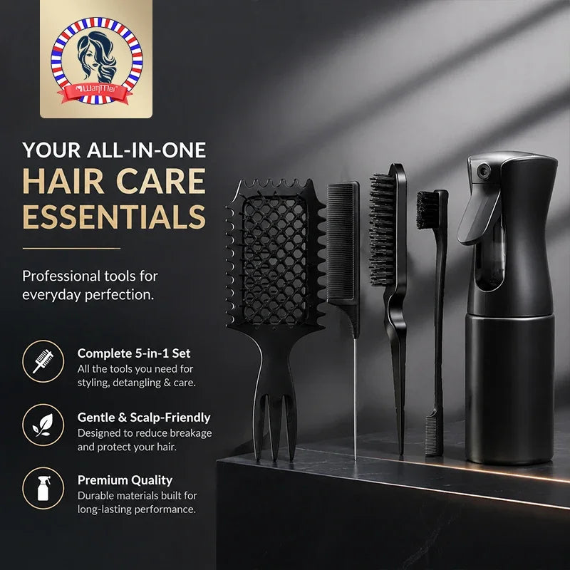 5-Piece Hair Styling Set – Curl Brush, Rat Tail & Edge Comb Hair Styling Set PLUSH