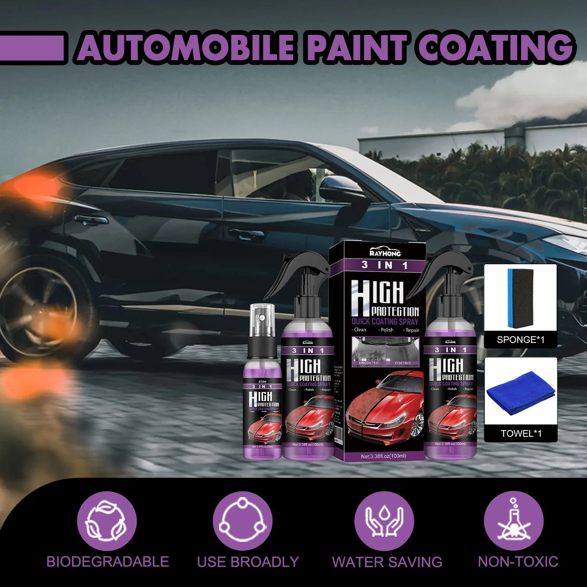 RayHong 3-in-1 Ceramic Coating Spray | Nano Car Paint Protection Ceramic Coating Spray PLUSH