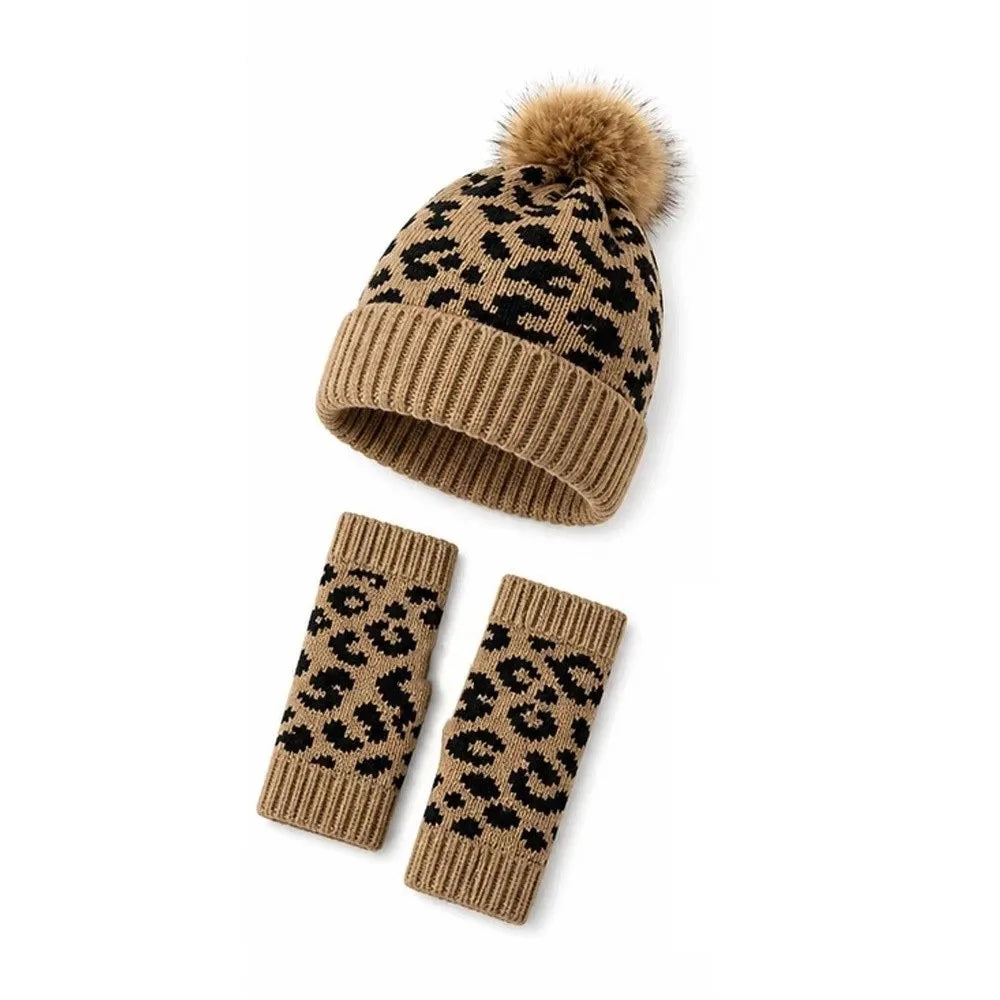 Women's Leopard Print Knit Beanie & Mittens Set – 2 Pcs Beanie & Mittens Set PLUSH Khaki