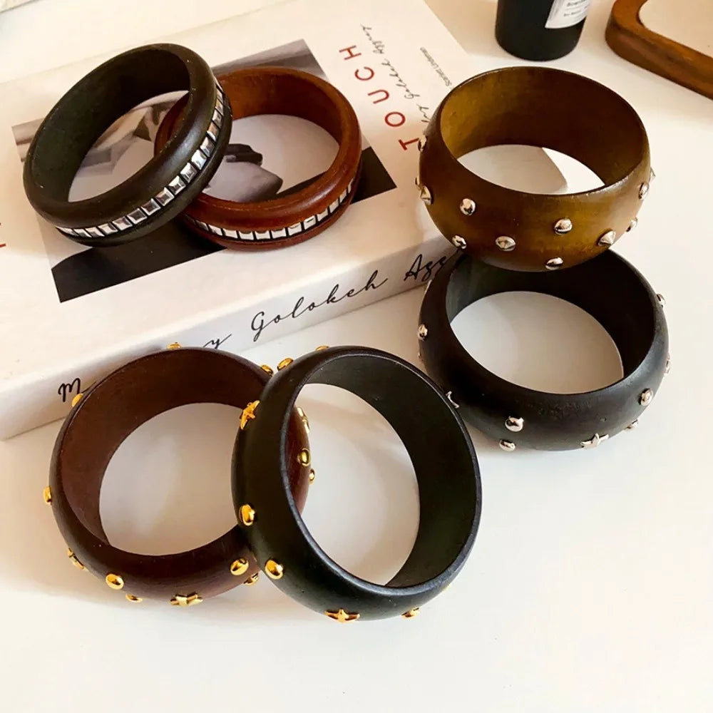 Chinese Style Wooden Bangle – Punk Y2K Wide Rivet Bracelet Wooden Bangle Bracelet PLUSH