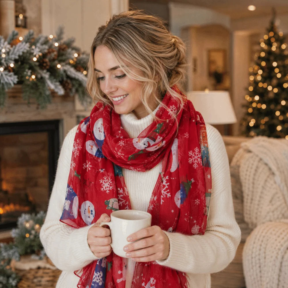 Women's Christmas Voile Scarf – Snowman Print Shawl 180x90cm Holiday Voile Scarf PLUSH