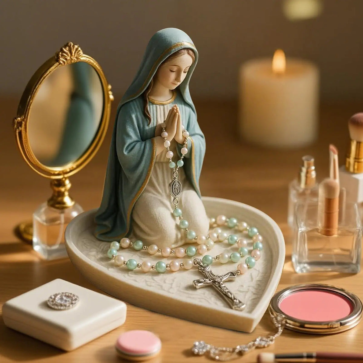 Virgin Mary Rosary Holder Statue – Our Lady of Grace Decor Religious Figurine PLUSH