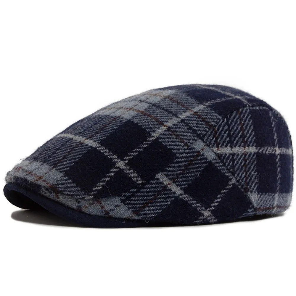 Woolen Plaid Beret Hat – Checkered Duckbill Flat Cap Beret Flat Cap PLUSH Dark Blue