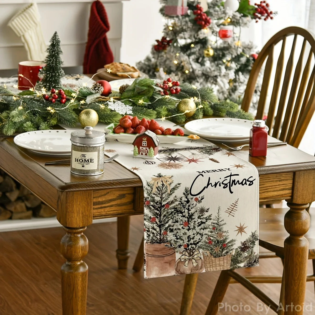 Retro Pastoral Christmas Table Runner | Polyester Holiday Décor Christmas Table Runner PLUSH