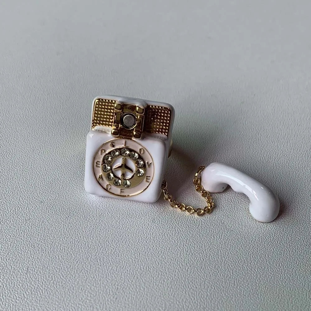 Vintage Enamel Telephone Ring | Magnetic Open Split Alloy Ring Enamel Fashion Ring PLUSH White