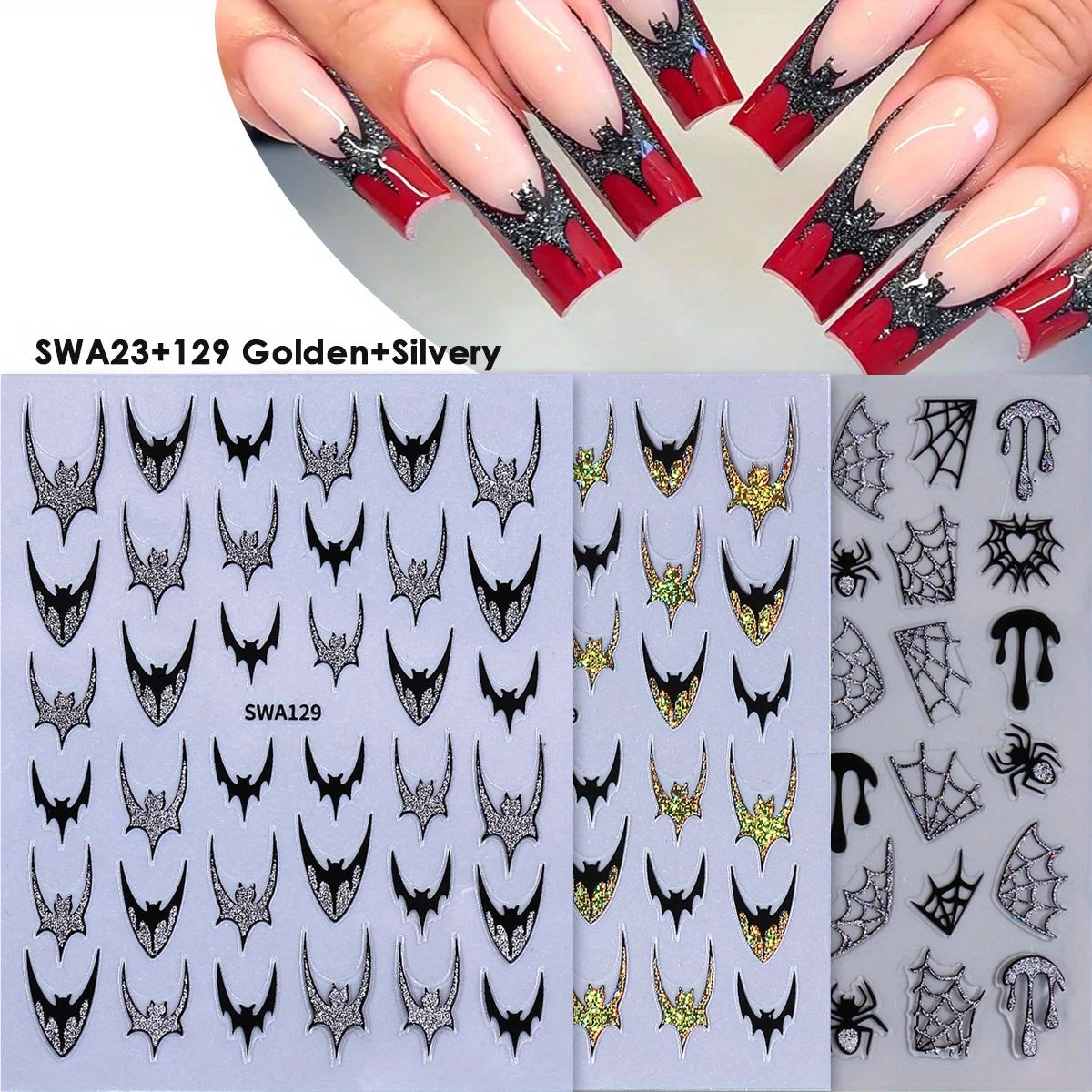 Glitter Bat Halloween Nail Stickers – Spider Web & Heart Decals Halloween Nail Stickers PLUSH SWA23 SWA129 2color