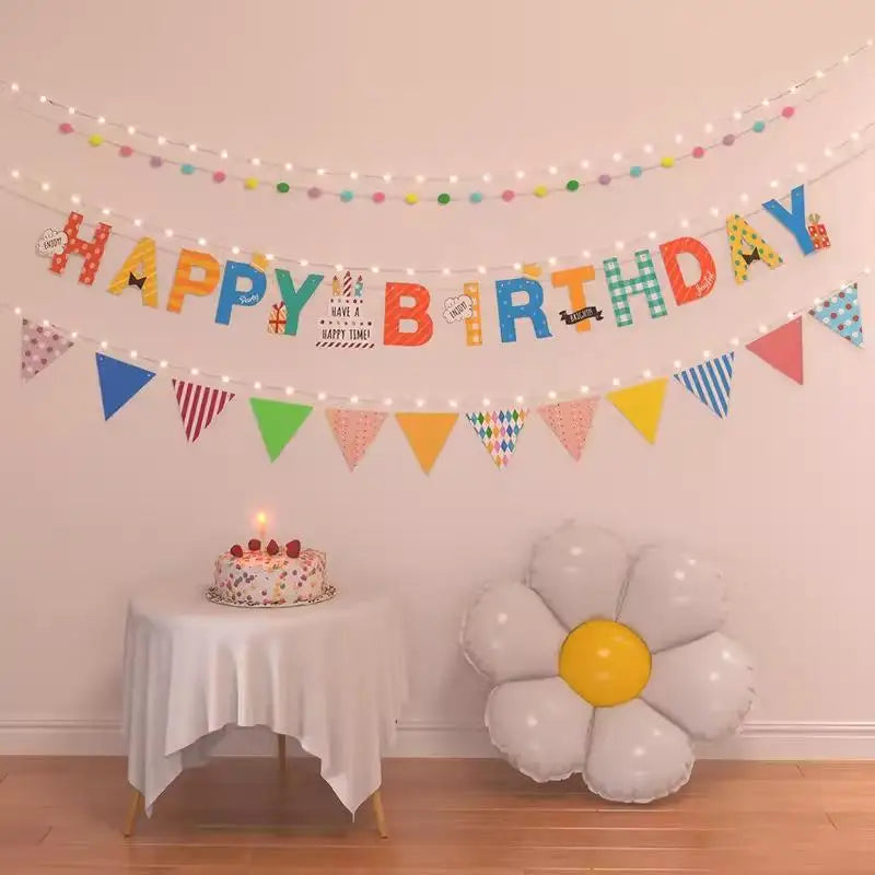 Happy Birthday Banner Set with String Lights & Hanging Flags Party Decoration Set PLUSH