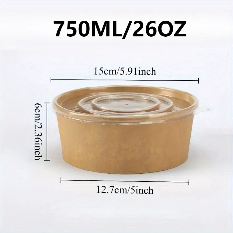 Kraft Paper Round Bowls with Lids – Disposable Bento Box Disposable Food Containers PLUSH 750ML-26OZ 20PCS