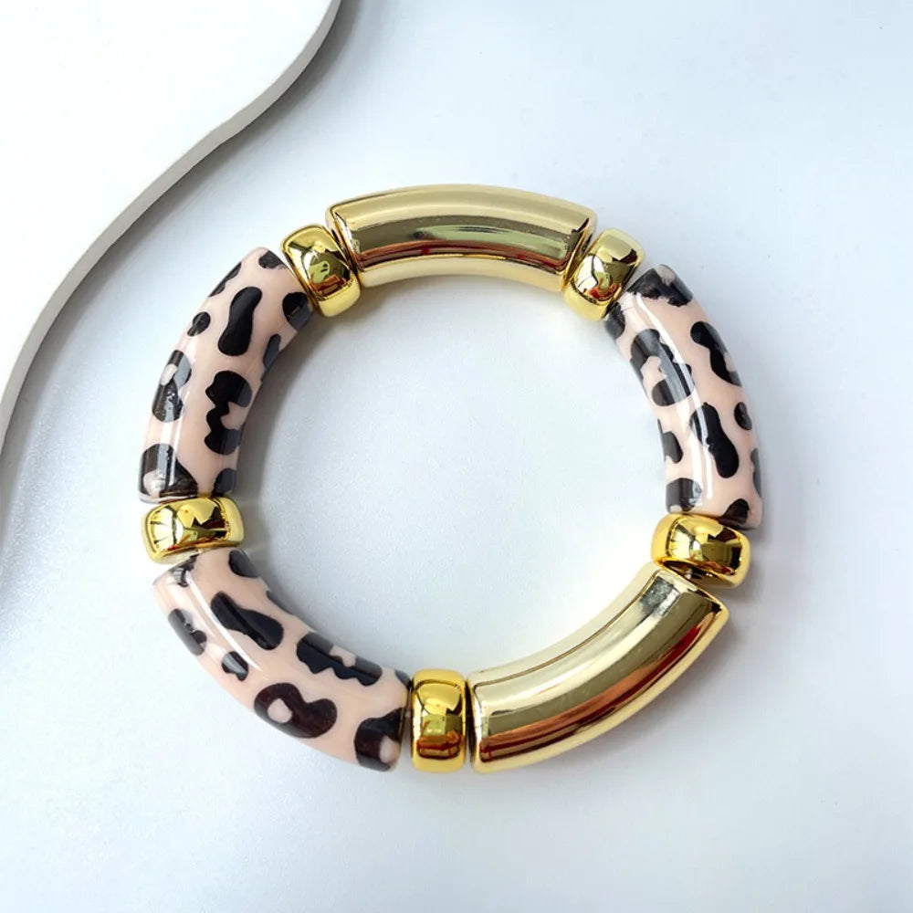 Vintage Acrylic Leopard Beaded Stretch Bracelet – Boho Bangle Beaded Stretch Bracelet PLUSH