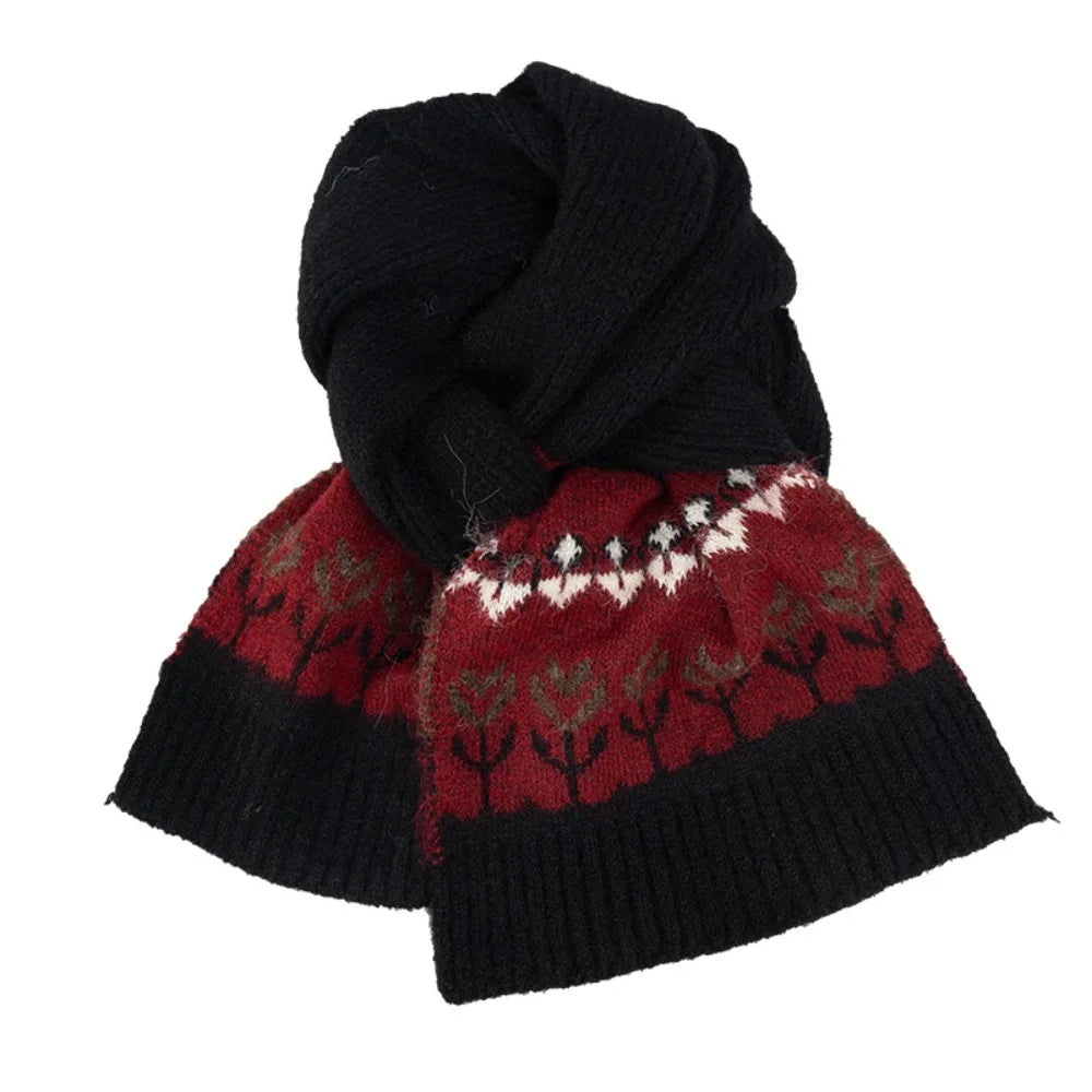 Women's Fair Isle Jacquard Knitted Scarf – Floral Winter Shawl Knitted Winter Scarf PLUSH Black