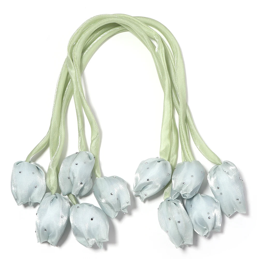 5pcs Satin Tulip Flower Strings Rhinestone DIY Hair & Garment Fabric Flower Trim PLUSH green