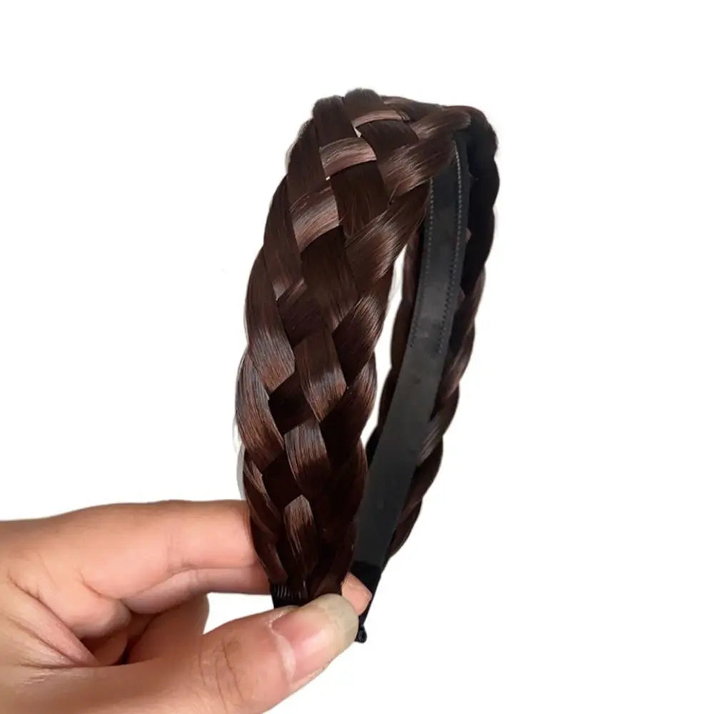 Wide Twist Braided Wig Headband Women – Korean Style Hair Hoop Braided Hair Headband PLUSH dark brown