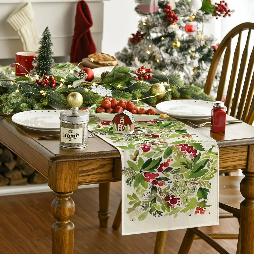 Christmas Table Runner Watercolor Berry Leaf Red Green Print Christmas Table Runner PLUSH