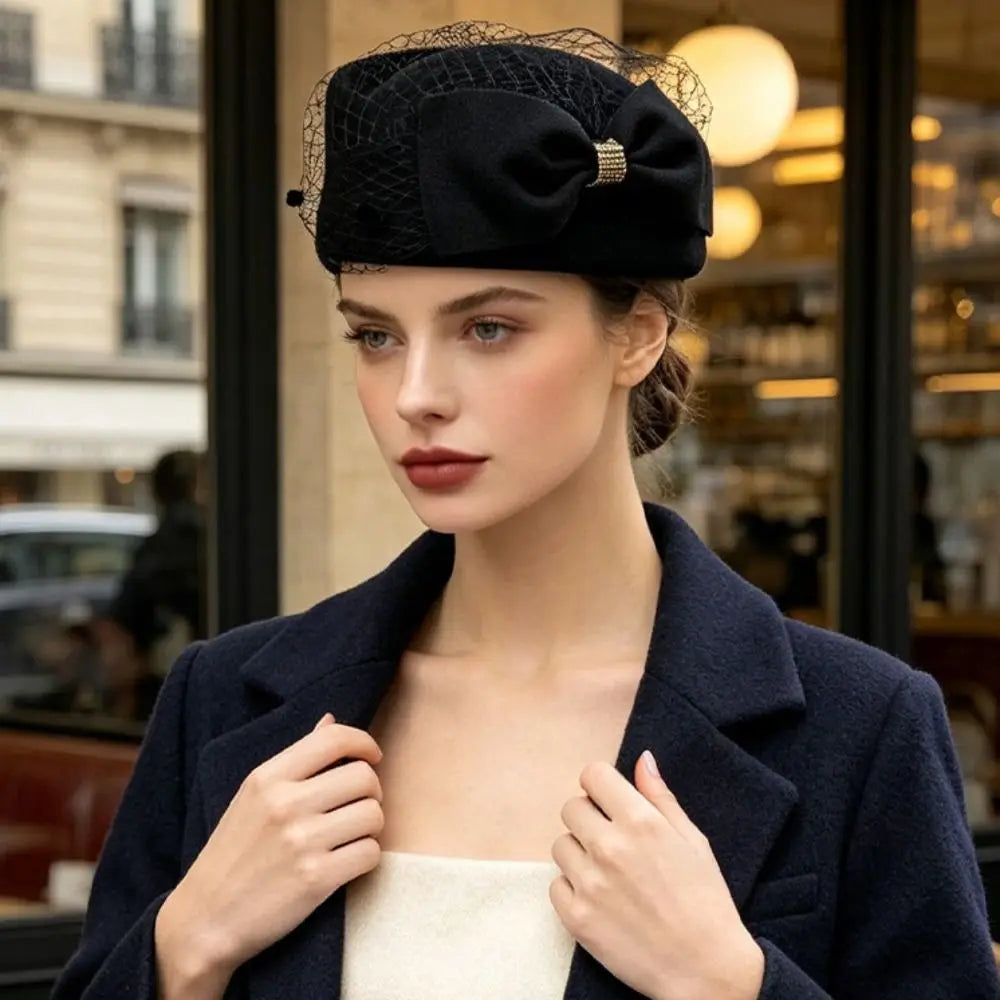 Vintage French Bow Pillbox Hat – Rhinestone Fedora for Women Pillbox Fedora Hat PLUSH