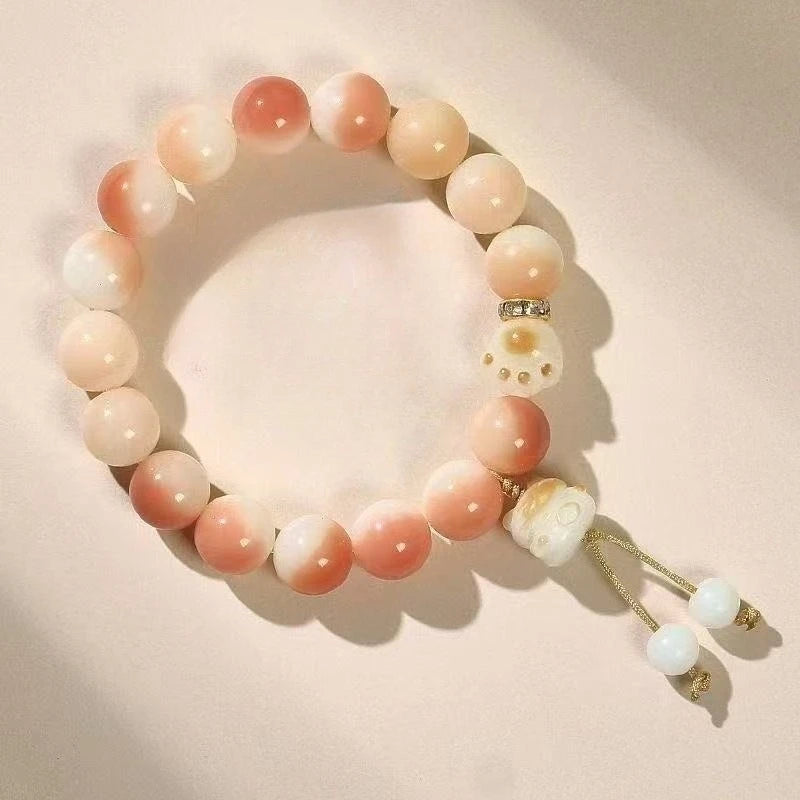 Lucky Cat Bodhi Bead Bracelet – Y2K Unisex Fortune Jewelry Beaded Strand Bracelet PLUSH Peach pink
