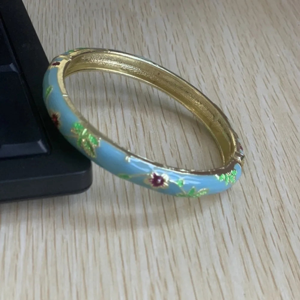 Chinese Cloisonné Enamel Peony Bangle – Vintage Filigree Bracelet Enamel Bangle Bracelet PLUSH blue