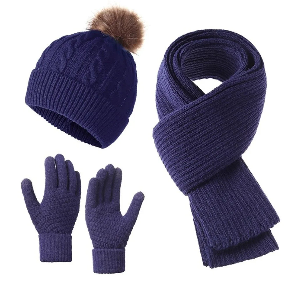 3-Piece Knit Scarf Hat & Touchscreen Gloves Winter Set Winter Accessories Set PLUSH Navy Blue