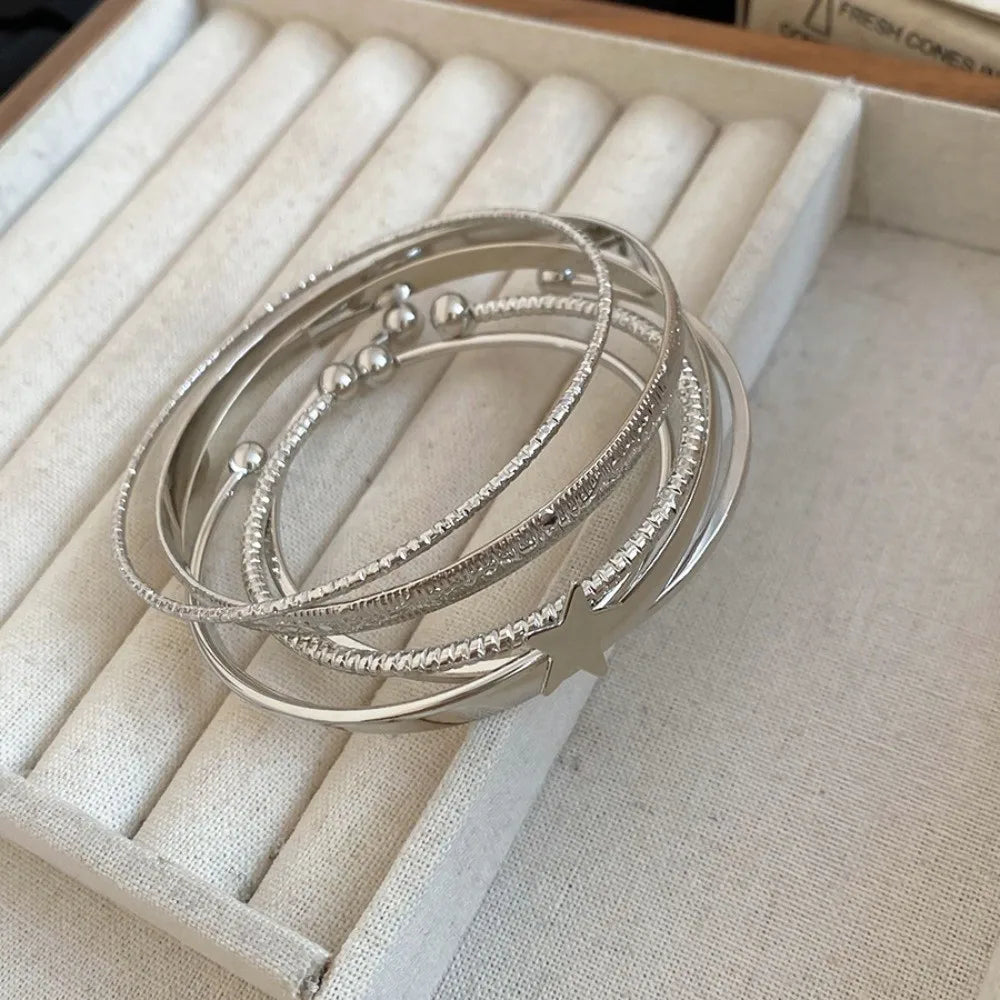 Gold Silver Cuff Bangle Set – Star Pentagram Y2K Bracelets Cuff Bangle Set PLUSH 6.9cm Silver 6PCS