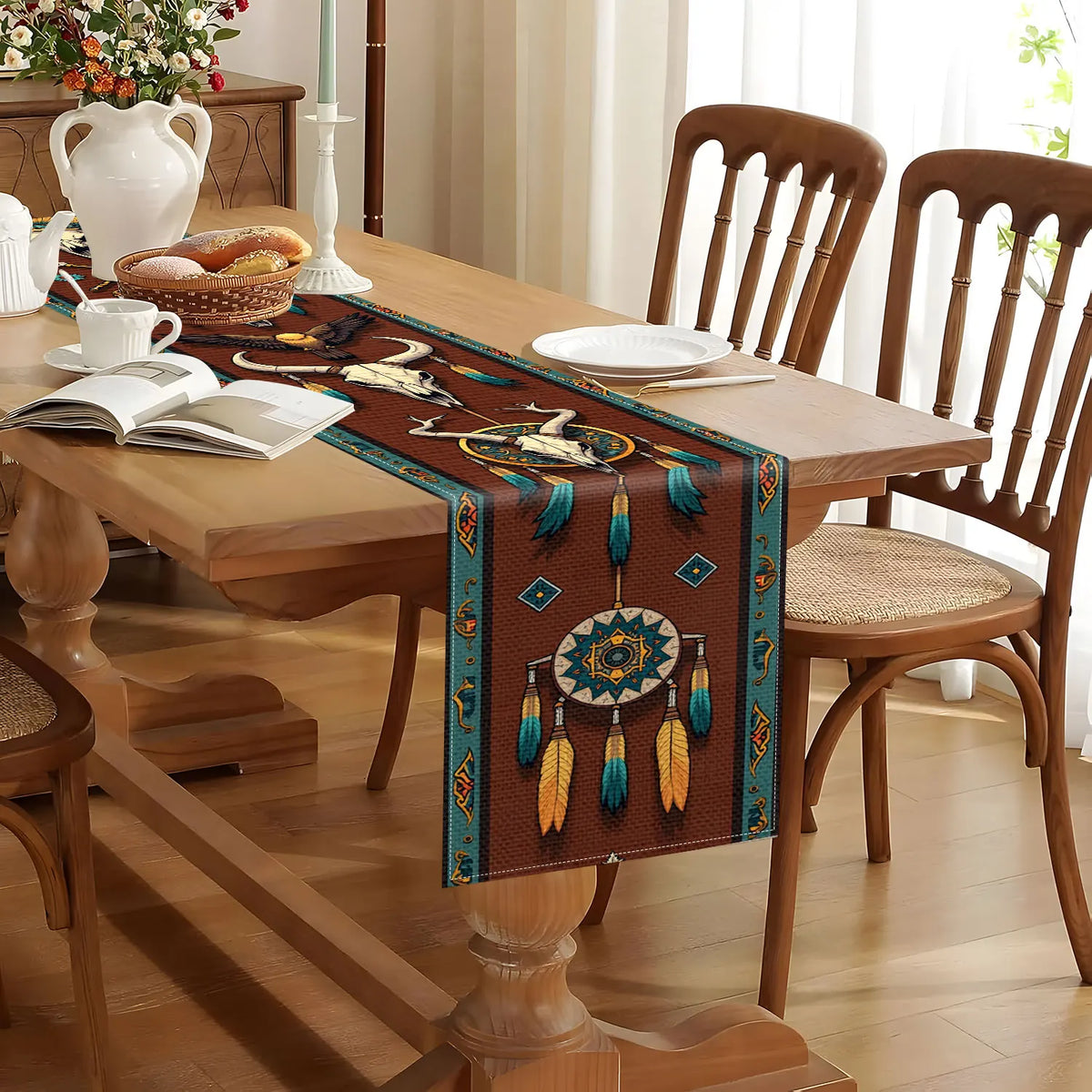 Tribal Print Table Runner – Dream Catchers, Skulls & Feathers Decorative Table Runner PLUSH
