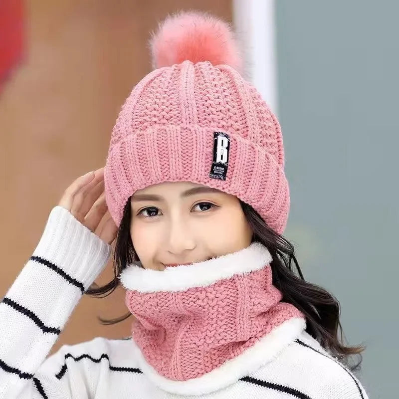 Women's Winter Knit Hat & Scarf Set – Padded Ear Protection Winter Hat Scarf Set PLUSH Pink 5PCS
