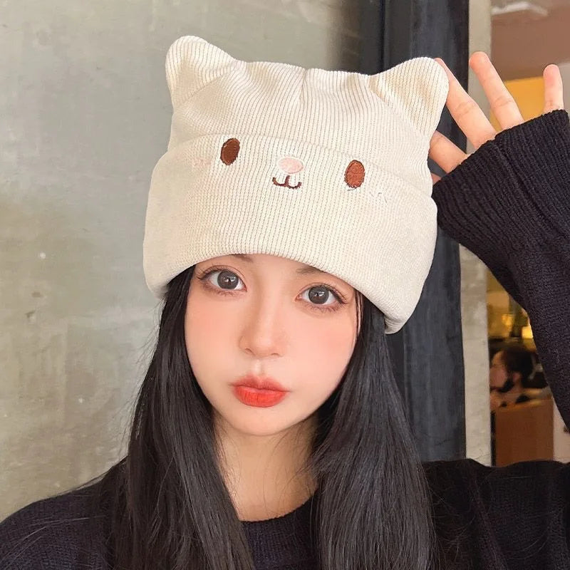 Kawaii Cat Ear Knit Beret – Oversized Stretchy Beanie for Women Knit Beret Hat PLUSH