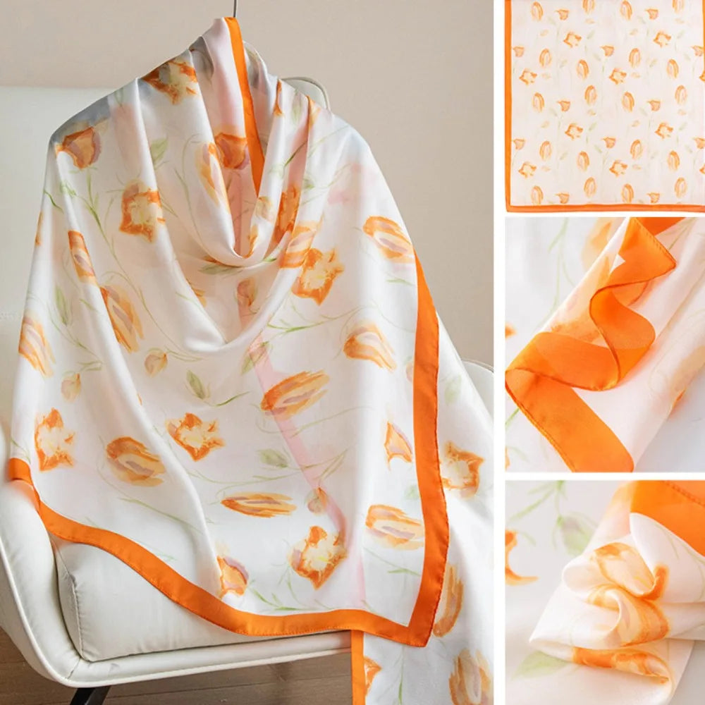 Women's Silk Chiffon Scarf – Lotus Print Shawl Wrap | 180cm Silk Chiffon Scarf PLUSH Style6