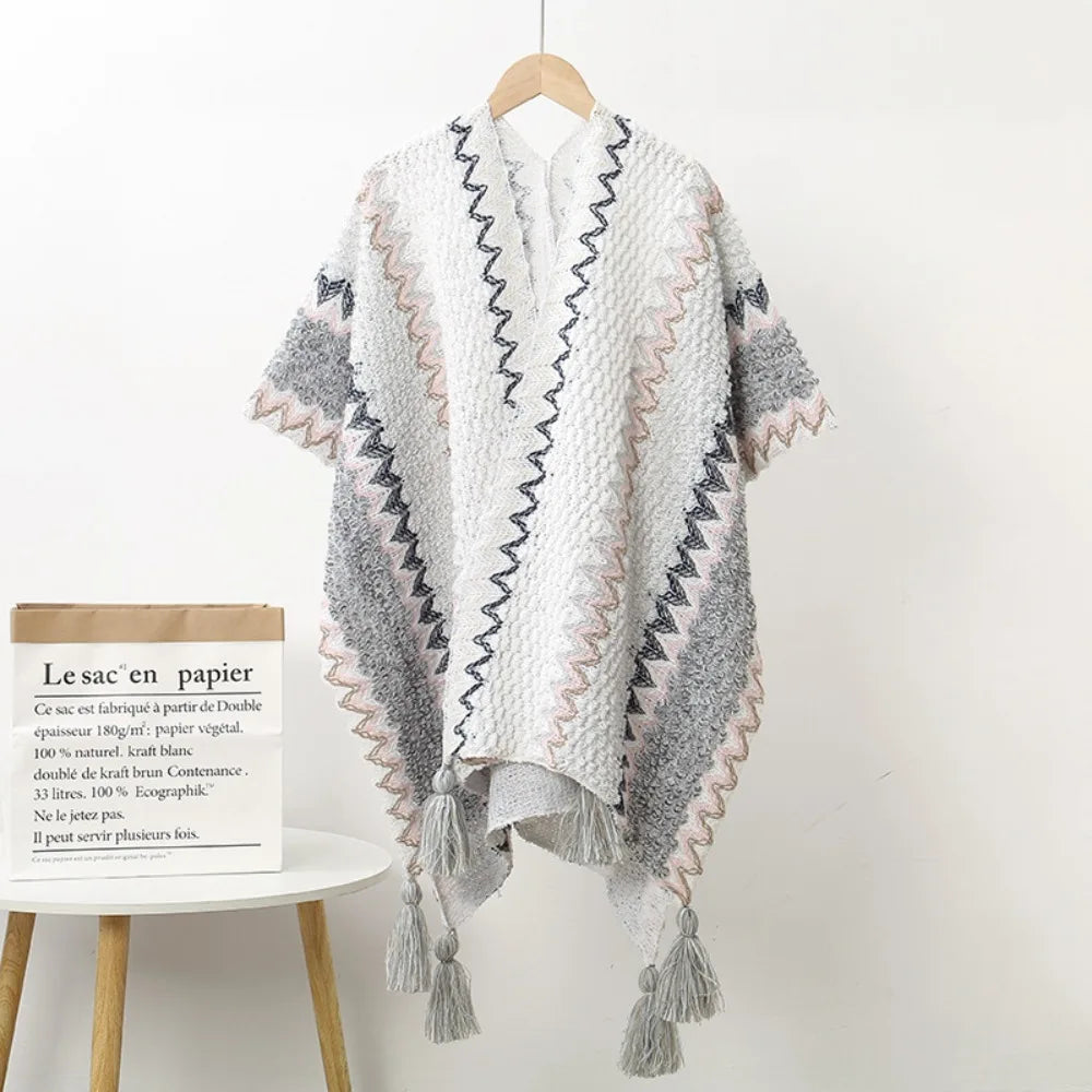 Women's Bohemian Knit Tassel Poncho Shawl – Ethnic Cape Wrap Knit Poncho Cape PLUSH Style 5