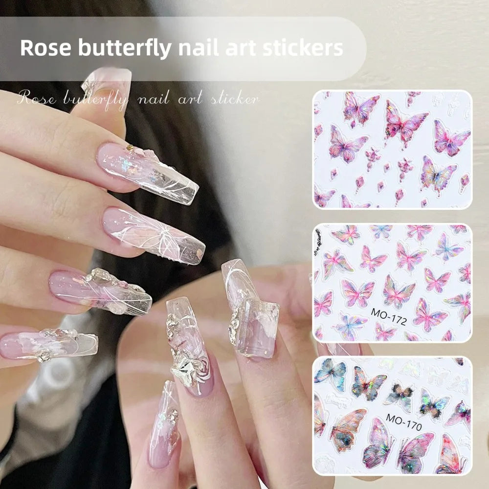 3D Aurora Butterfly Nail Stickers – Pink Purple Laser Decals Nail Art Stickers PLUSH