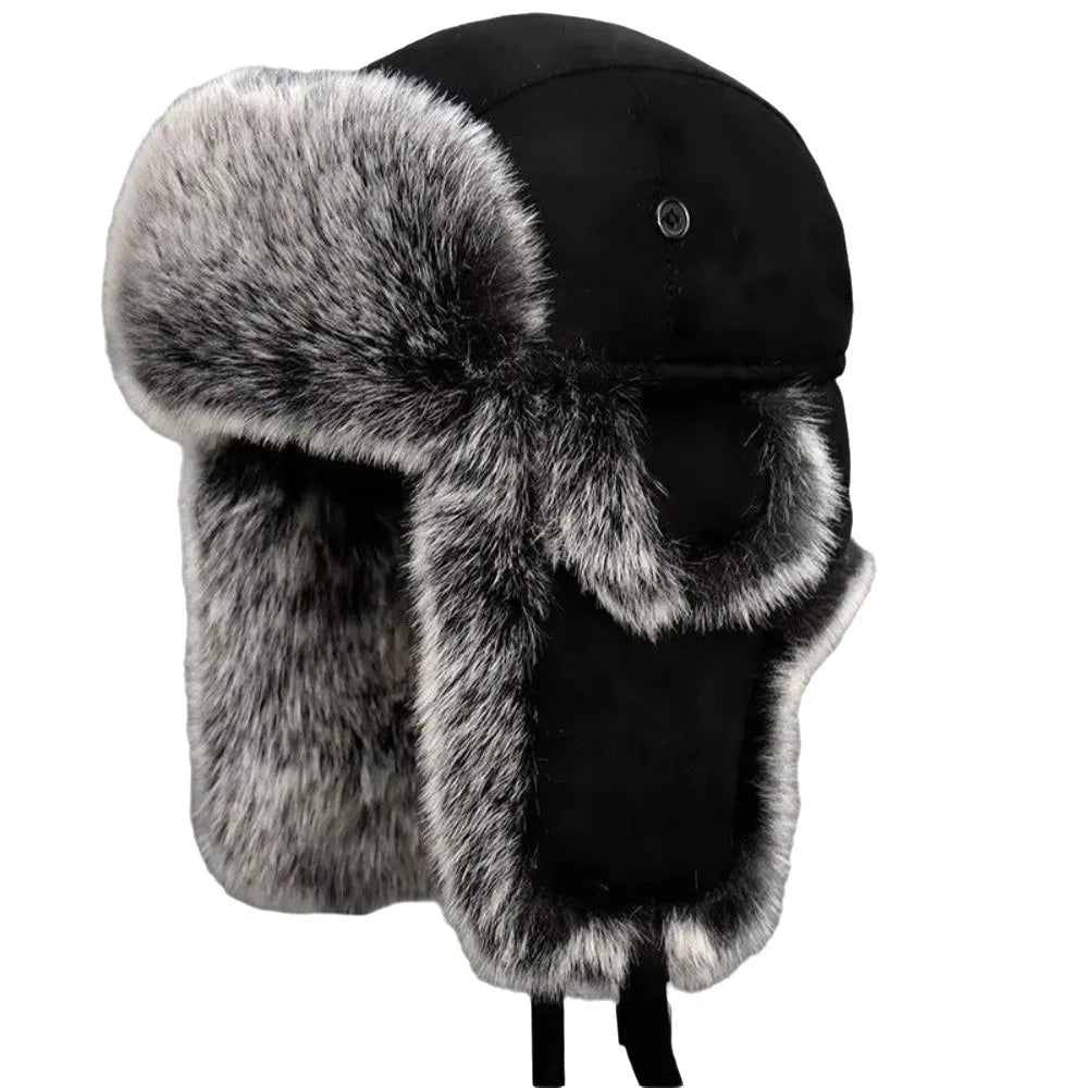 Vintage Suede Lei Feng Hat – Fleece Lined Ear Flap Winter Hat Winter Trapper Hat PLUSH Black