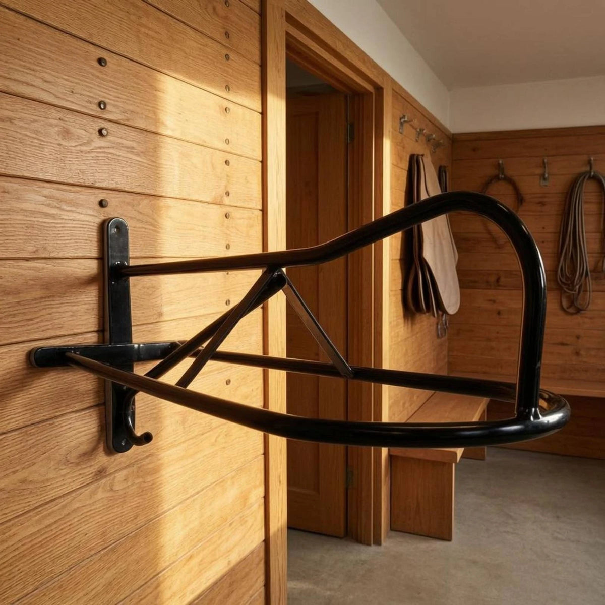 Wall-Mounted Black Metal Saddle Rack – Curved Support & Brace Saddle Rack PLUSH