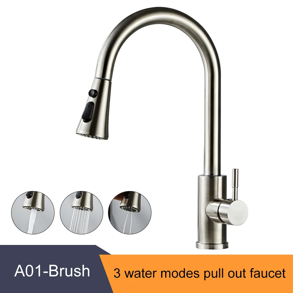 Pull Out Kitchen Faucet Single Handle Hot Cold Mixer Tap Kitchen Faucet PLUSH A01-Brush nickel G9/16