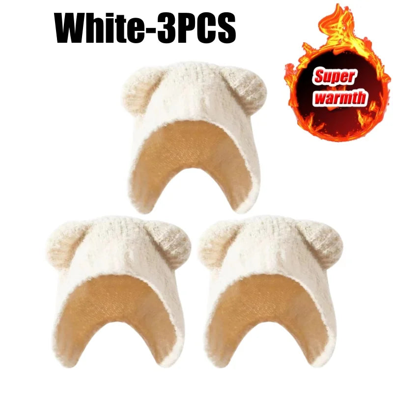 Women's Bear Ear Fleece Lined Knit Beanie – Korean Winter Hat Winter Knit Beanie PLUSH White-3PCS