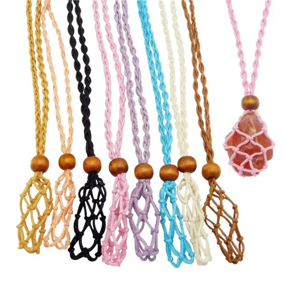 Braided Net Bag Necklace – Adjustable Boho Crystal Holder Pendant Necklace PLUSH