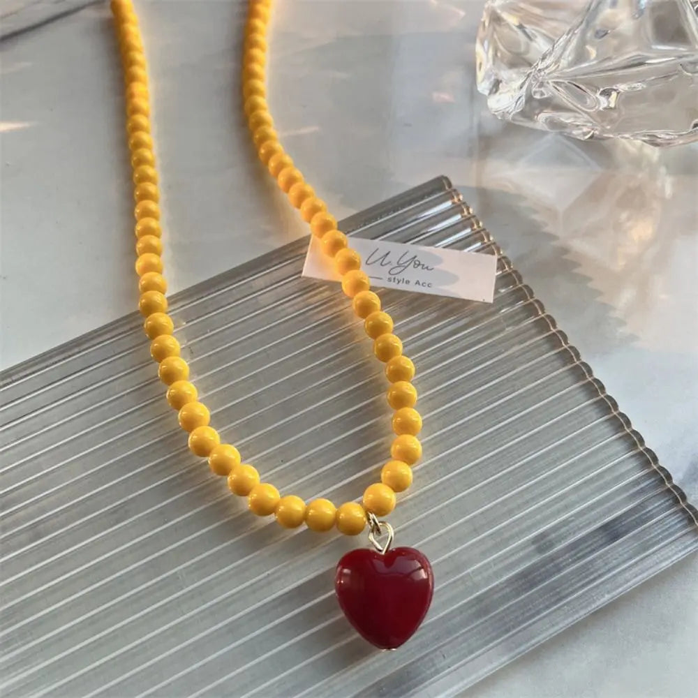 Y2K Rainbow Heart Pendant Necklace | Korean Chain Jewelry Heart Pendant Necklace PLUSH Red