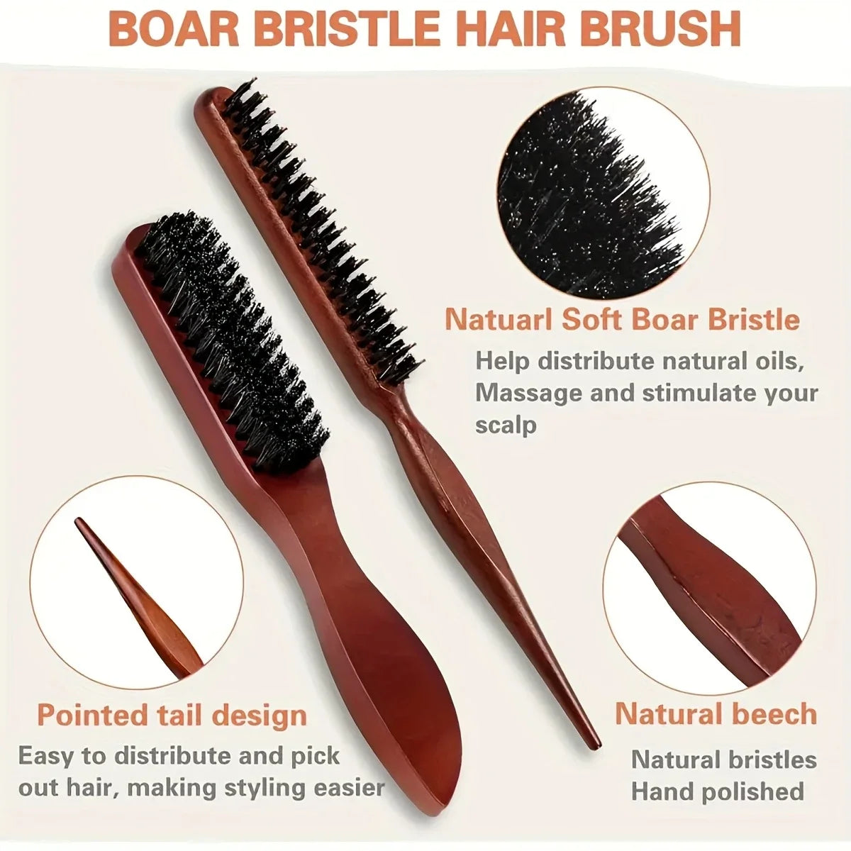 Wild Boar Bristle Hair Brush & Comb Set – Edge Control Styling Hair Brush Set PLUSH