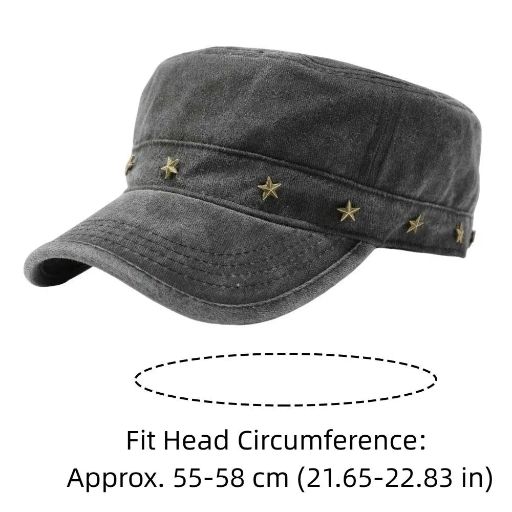 Washed Denim Flat Top Duckbill Cap – Retro Metal Rivet Hat Flat Top Cap PLUSH