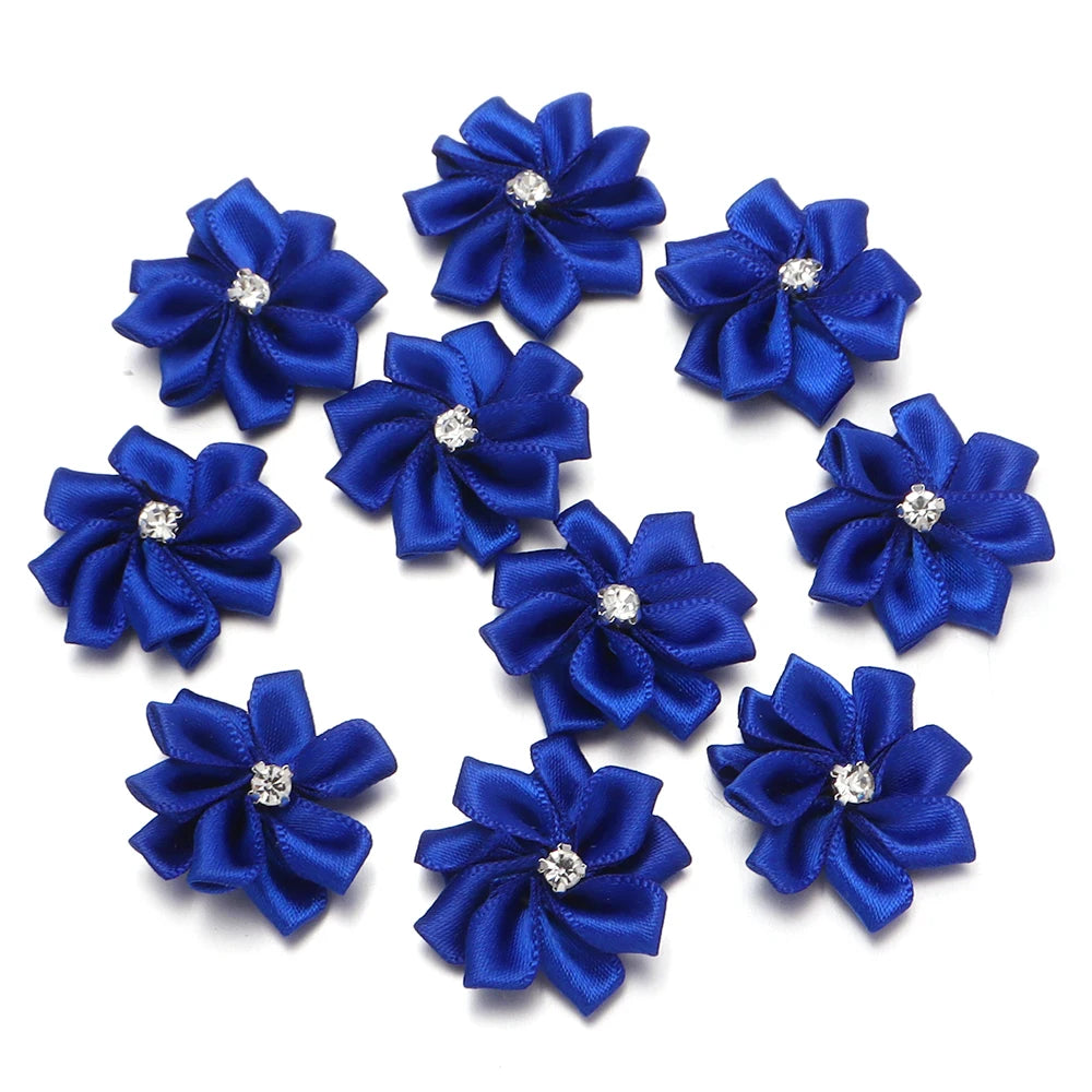10pcs 3cm Satin Ribbon Flowers Rhinestone 9-Petal DIY Craft Fabric Flower Appliqué PLUSH Dark Blue