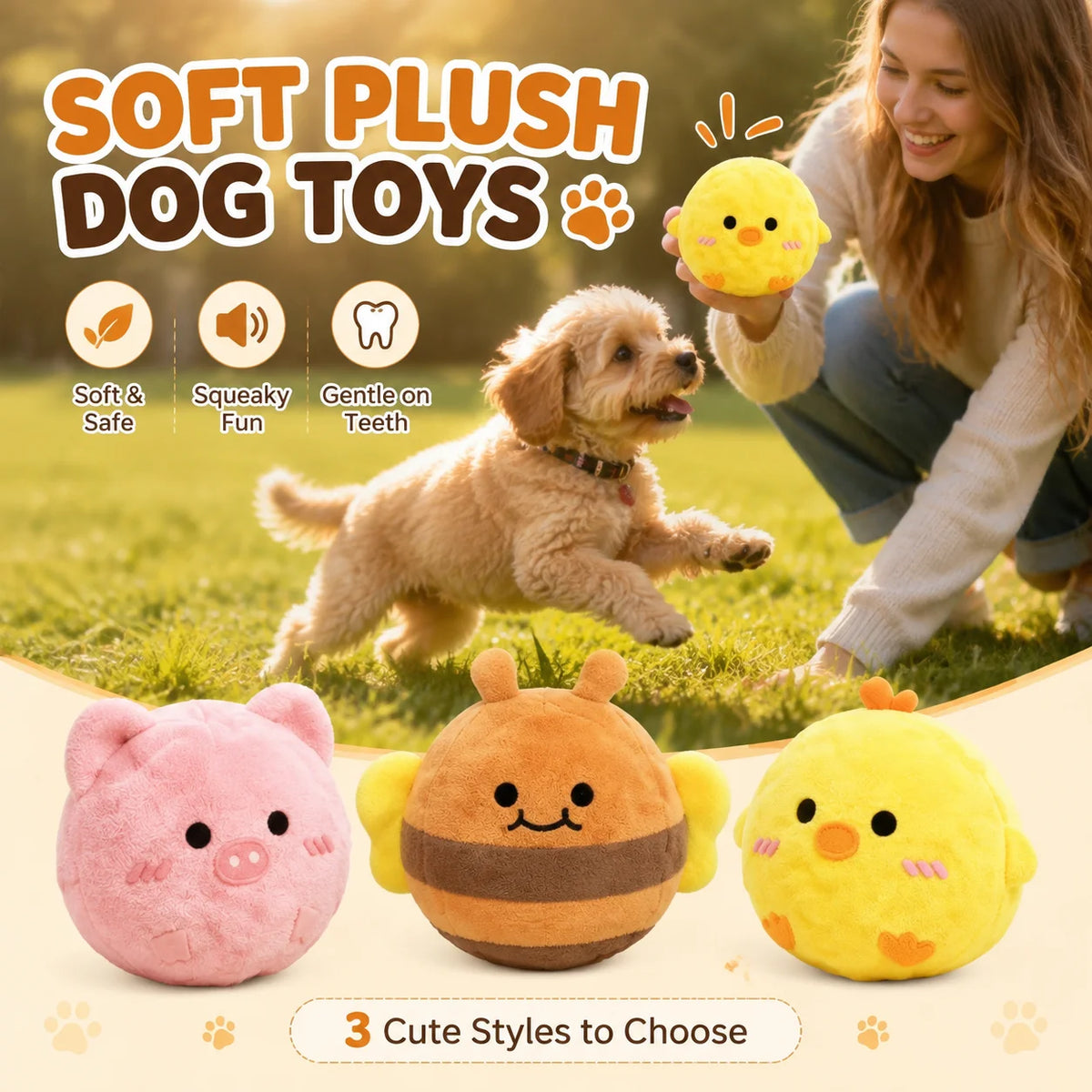 Plush Squeaky Bounce Ball Dog Toy – Interactive Cartoon Pet Toy Dog Squeaky Toy PLUSH