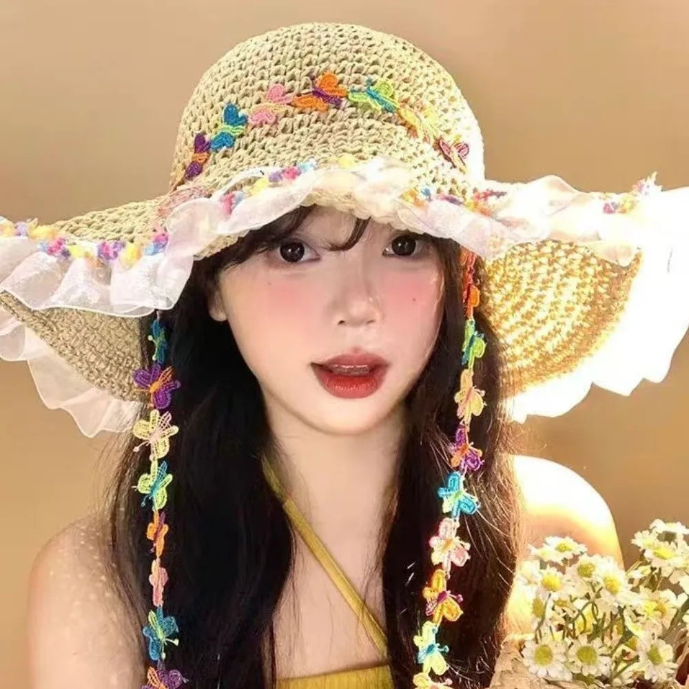 Women's Large Brim Straw Hat – Floral Lace Trim Beach Sun Hat Women's Sun Hat PLUSH