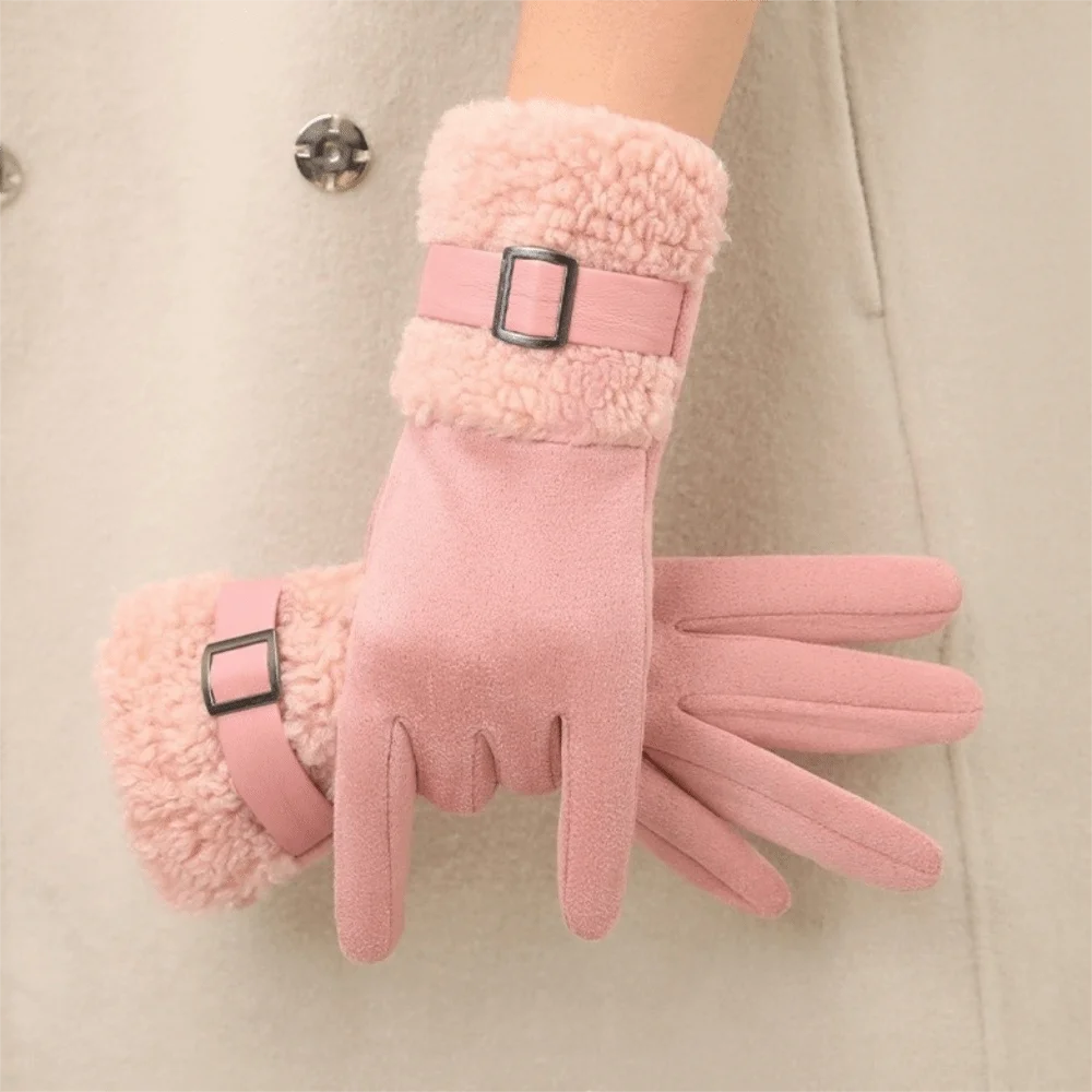 Women's Fleece-Lined Suede Winter Gloves – Windproof Full Finger Winter Gloves PLUSH Pink