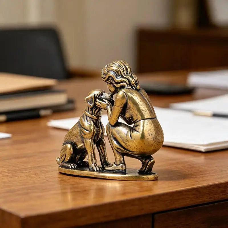 Brass Girl & Dog Figurine – Retro Mini Desktop Ornament Decor Brass Desktop Figurine PLUSH