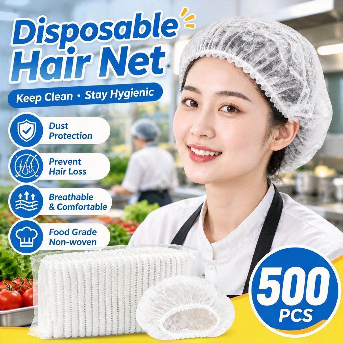 Disposable Non-Woven Hairnet Caps – Elastic Breathable Sanitary Disposable Hairnet Cap PLUSH White 5Bags