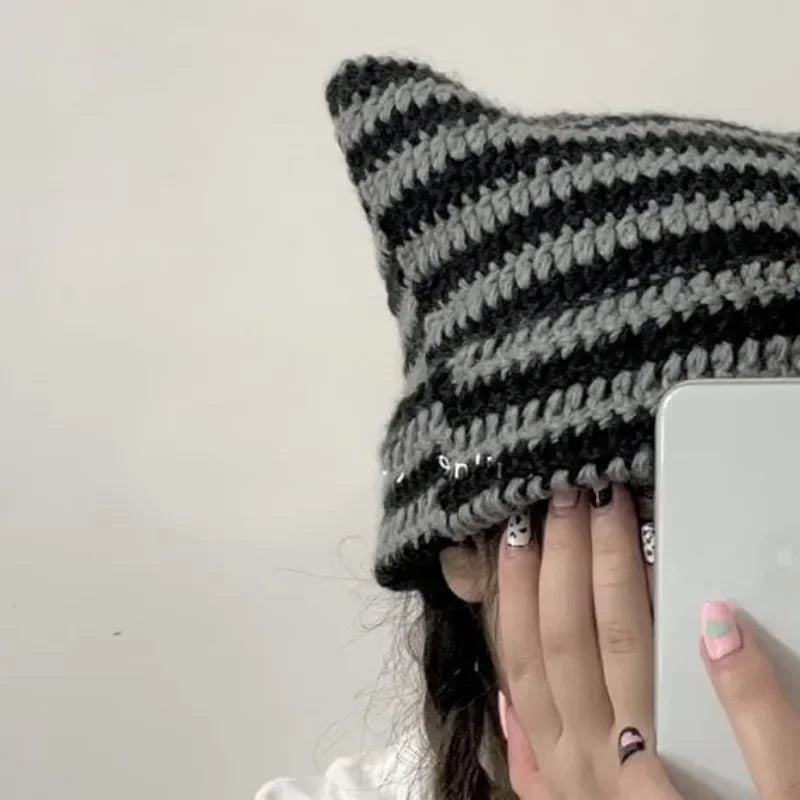 Cute Cat Ears Striped Knit Beanie – Warm Winter Hat Knit Beanie Hat PLUSH