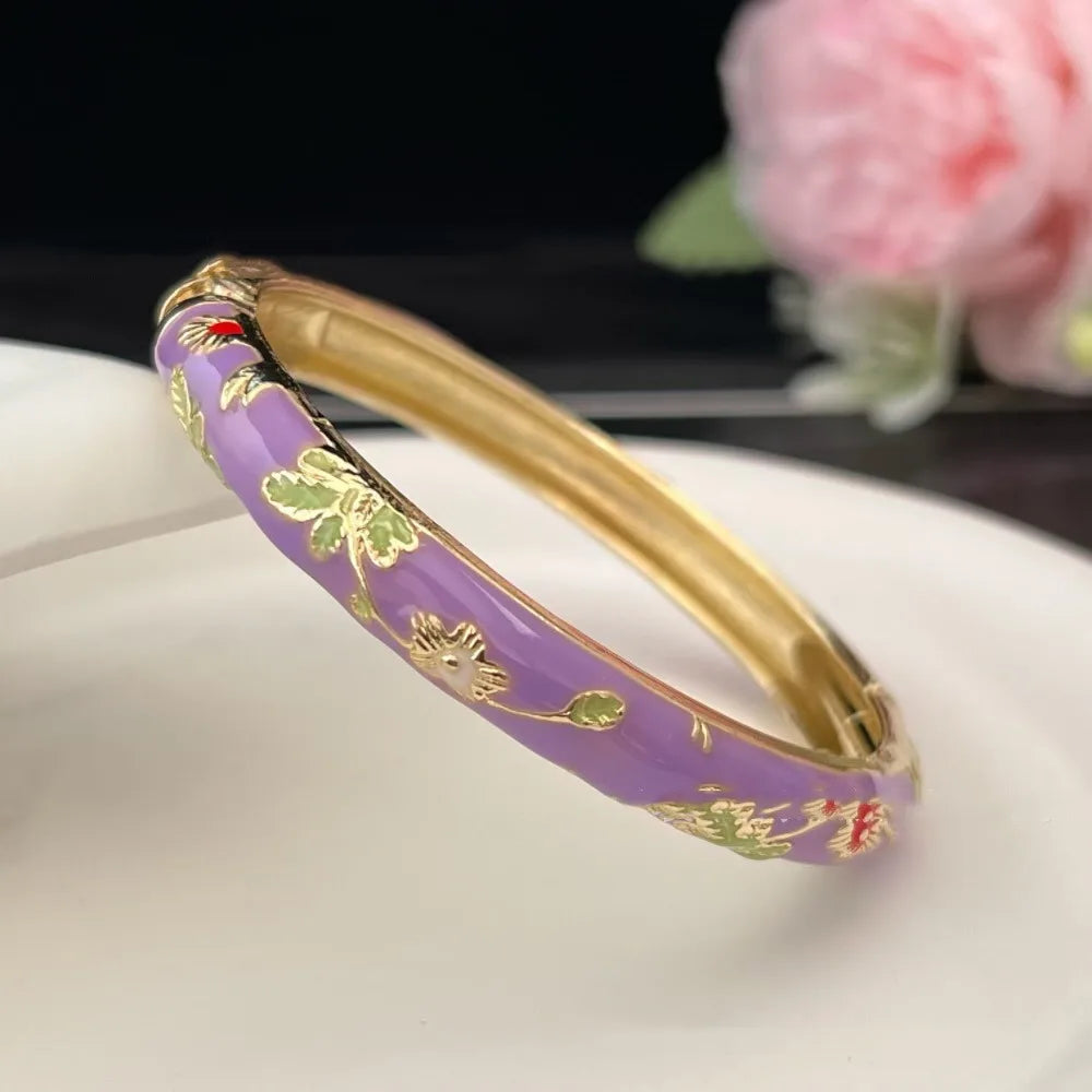 Chinese Cloisonne Enamel Peony Filigree Double Bangle Bracelet Enamel Bangle Bracelet PLUSH Light Purple