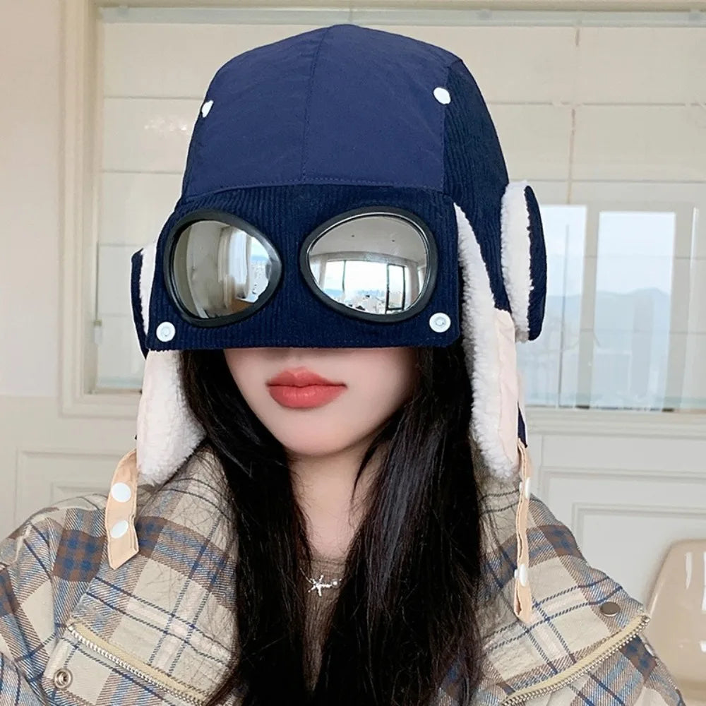 Windproof Winter Pilot Hat with Goggles & Earflap | Ski Beanie Winter Pilot Hat PLUSH Dark Blue