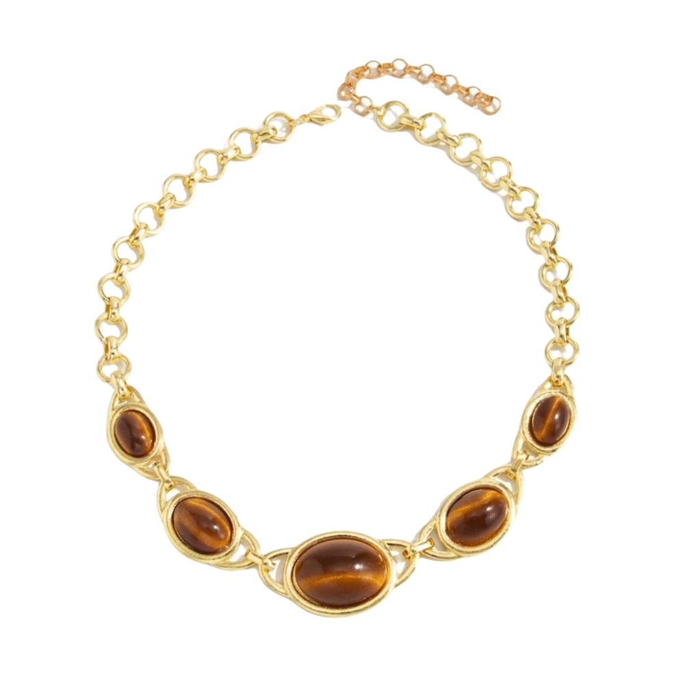 Vintage Tiger Eye Oval Pendant Choker Necklace – Minimalist Pendant Choker Necklace PLUSH